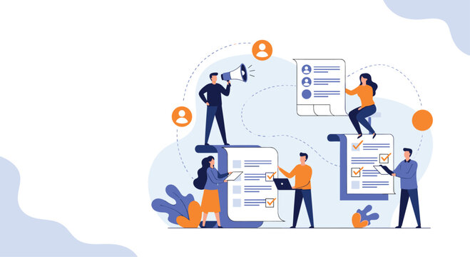 Business people organizing and checking large documents with checklists and a megaphone for better communication.
