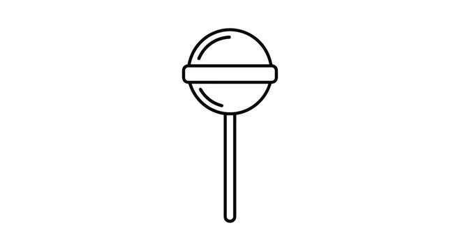 Simple black and white line art icon of a round lollipop on a stick for sweet food and candy shop related design.
