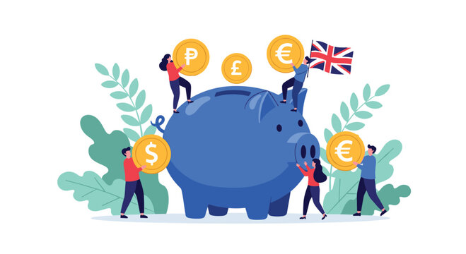 People saving various international currencies into a large blue piggy bank for global financial and money goals.