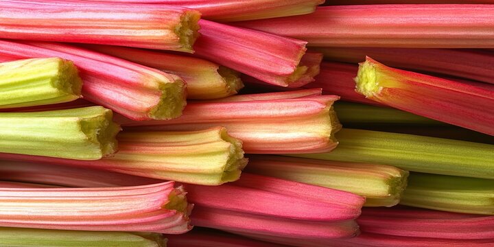 Vibrant and Textured Rhubarb Stalks Pile Displaying Fresh Fibrous Details for Culinary Use