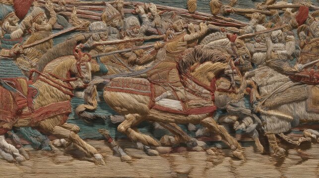 cavalry. Close-up of an ancient tapestry section depicting medieval cavalry and shield walls. event programs, museum guides, designed for cultural heritage projects and event programs.
