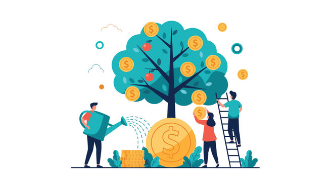 Community members working together to water and harvest coins from a magical money tree symbolizing financial growth.