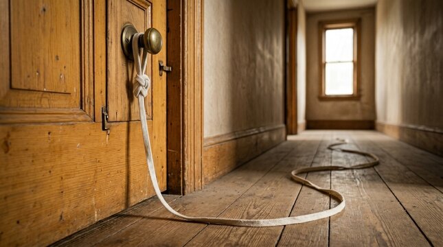 Single sneaker shoelace tied around a doorknob, trailing across an empty hallway floor
