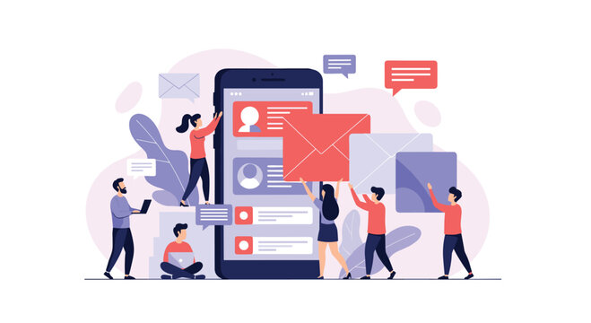 People interacting with email notifications on a large smartphone screen representing digital communication and mobile messaging.