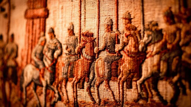 cavalry. Close-up of an ancient tapestry section depicting medieval cavalry and shield walls. event programs, museum guides, designed for cultural heritage projects and event programs.
