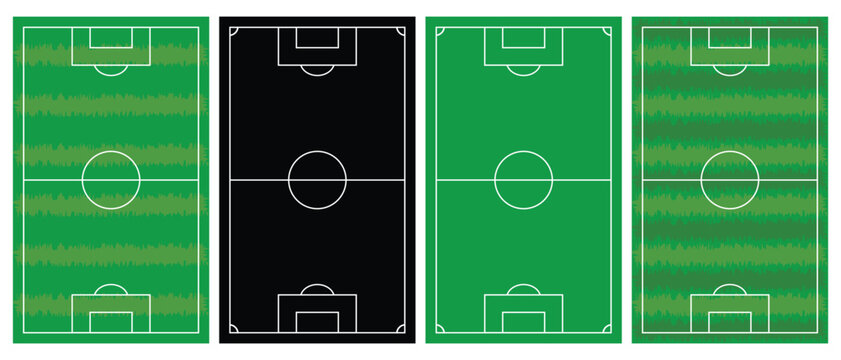 Soccer field layouts in green and black variations with center circle penalty box football training practice strategy competition recreation
