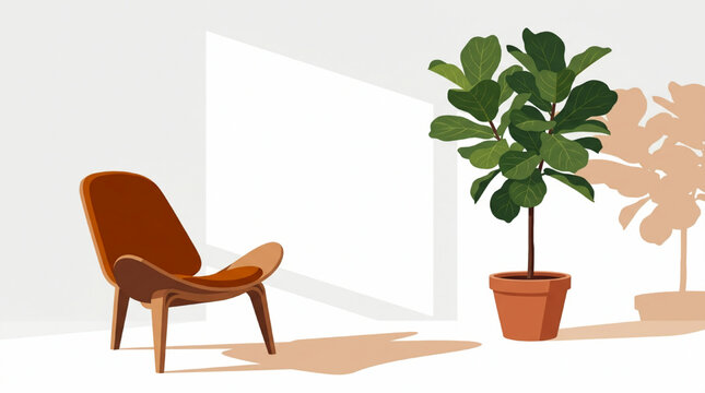 Modern minimalist interior with comfortable lounge chair and fiddle leaf fig plant
