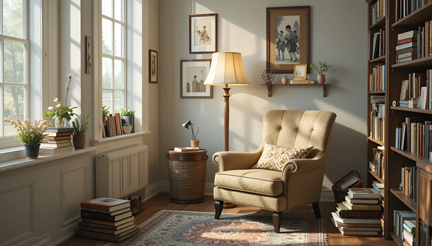 Armchair upholstered in beige fabric sits in a sunlit corner of a quiet library filled with stacks of books on the floor and high wooden shelves under a classic floor lamp nearby.