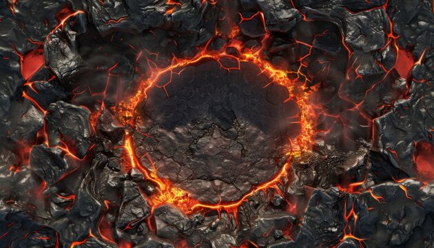 Intriguing volcanic landscape with glowing lava and dark rocky textures creating a mesmerizing circular formation