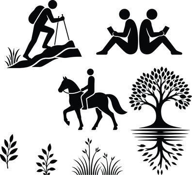 Outdoor adventure and lifestyle silhouette set featuring hiking, reading people, horseback riding, tree reflection, and botanical elements