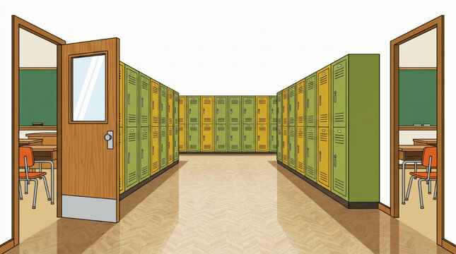 Illustration of a school hallway with metal lockers