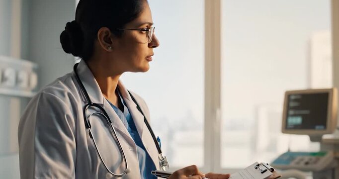 Professional Female Doctor Writing Clinical Notes on Chart in Hospital