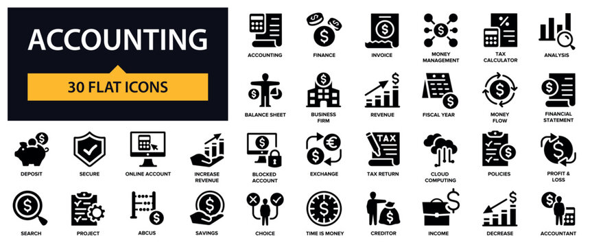 Accounting icons set. Finance, Banking, Analysis, Tax, Revenue and others.