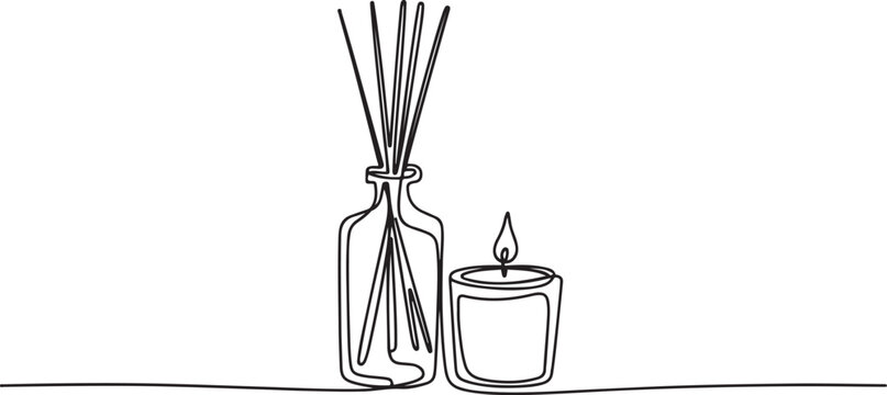 Continuous one line drawing of Candle and Reed Diffuser Oil. Single line drawing illustration of Reed diffuser bottle.one line Art icon drawing vector