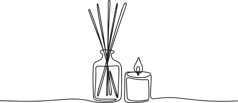 Continuous one line drawing of Candle and Reed Diffuser Oil. Single line drawing illustration of Reed diffuser bottle.one line Art icon drawing vector