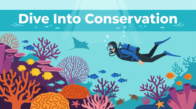 An inviting flat design illustration portraying a diver exploring a colorful, healthy coral reef teeming with marine life. 