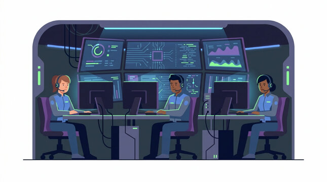 IT team working in a high-tech security operation center