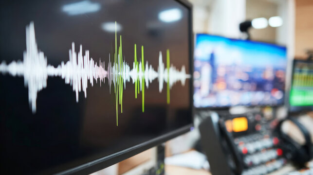 Audio waveform visualizing sound frequency and amplitude on a screen, digital monitoring in a recording studio