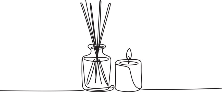 Continuous one line drawing of Candle and Reed Diffuser Oil. Single line drawing illustration of Reed diffuser bottle.one line Art icon drawing vector