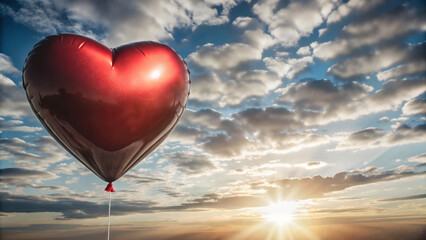 Fototapeta premium Red heart-shaped balloon floating against a sunset sky 