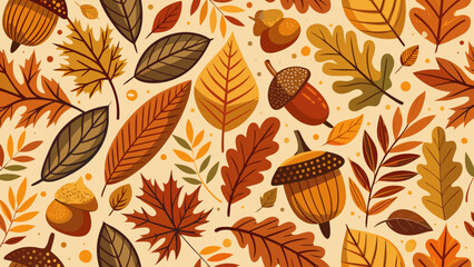 Autumn leaves, fall foliage, acorn pattern, vector background, seasonal illustration © Adobe