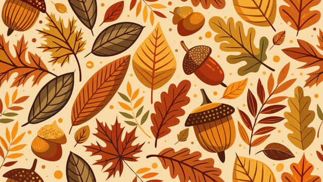 Autumn leaves, fall foliage, acorn pattern, vector background, seasonal illustration