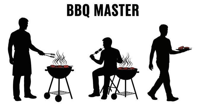 Man grilling barbecue food during outdoor summer party vector silhouette