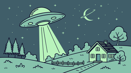 UFO, alien, spaceship, abduction, cartoon, illustration, green, night, stars, house, landscape © Adobe