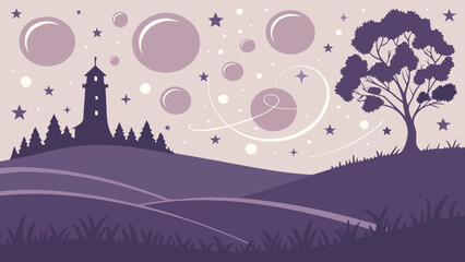 dreamy, purple landscape, night scenery, vector illustration, fantasy world