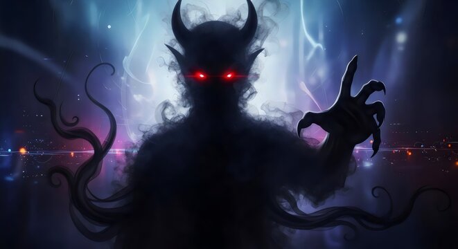 Atmospheric gothic composition of demonic figure with glowing red eyes emerging from mystical fog and smoke