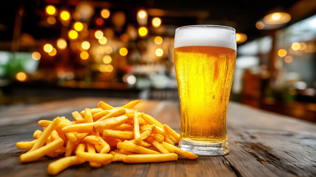Glass of cold beer with foamy head on rustic wooden table, next to golden french fries, warm bar setting