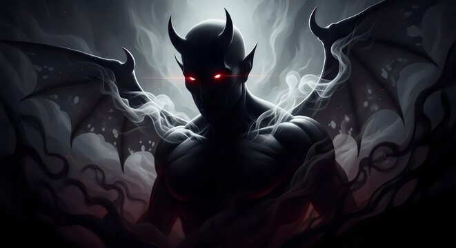 Shadowy devil figure appearing through smoke with radiant eyes representing horror, fear, and supernatural tension