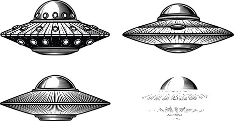 Black and White UFO Set, Featuring Various Views of Flying Saucer for Sci-Fi, Space, and Extraterrestrial Designs © Ayesha