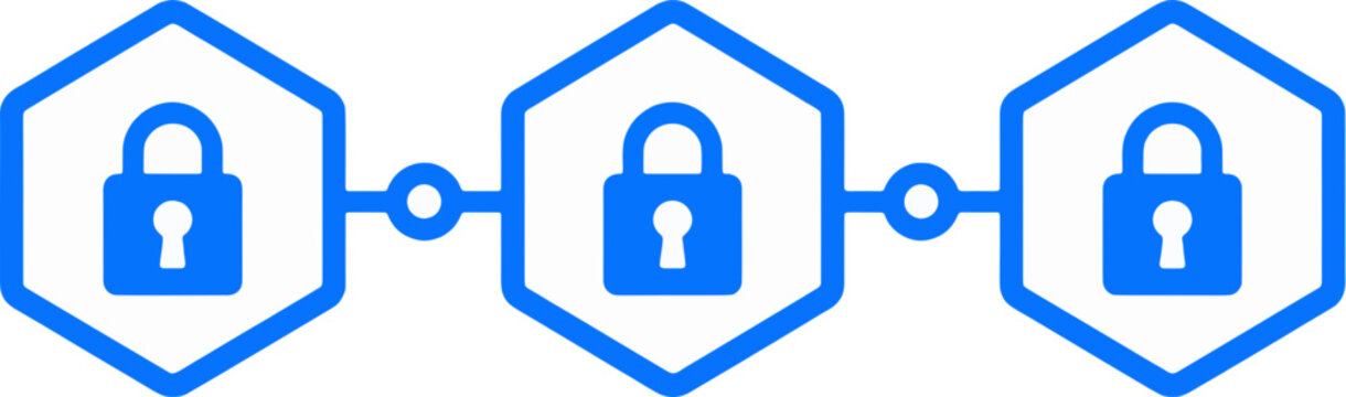 Blockchain security vector icon featuring three hexagonal nodes with locks and interconnected data links for cryptocurrency and secure network design