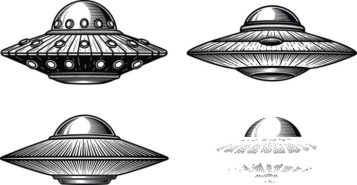 Black and White UFO Set, Featuring Various Views of Flying Saucer for Sci-Fi, Space, and Extraterrestrial Designs