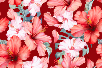 Seamless red hibiscus pattern.Tropical plant patterns painted in watercolor on red background.For fabric luxurious and wallpaper, vintage style.Hand drawn botanical floral pattern for summer. © joy8046