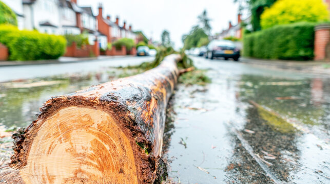Fallen tree trunk blocking suburban road after storm, showing fresh wood cross section and puddles, rainy weather