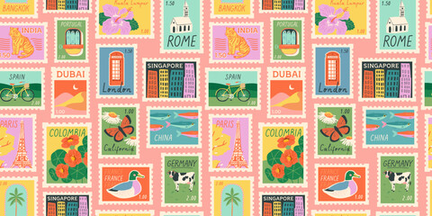 Vintage world travel post card stamp seamless pattern. Retro style international country landscape postage sticker background, famous landmark mail postmark wallpaper, tourism city postal label print.