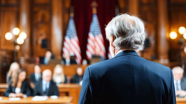 Orator addressing officials and audience in a formal court setting, American flags showing legal authority