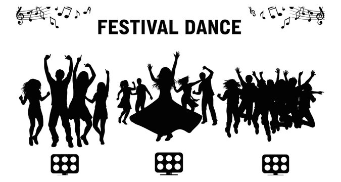 People dancing at a festival with musical notes in silhouette vector