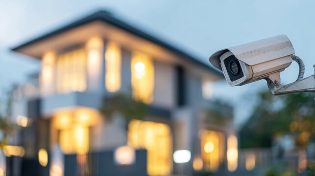 Security camera monitoring modern house at dusk, providing home protection and smart living solutions