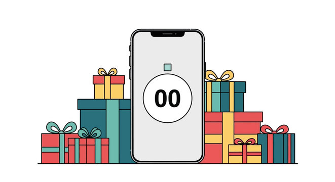 A smartphone with a timer on the screen surrounded by colorful presents.