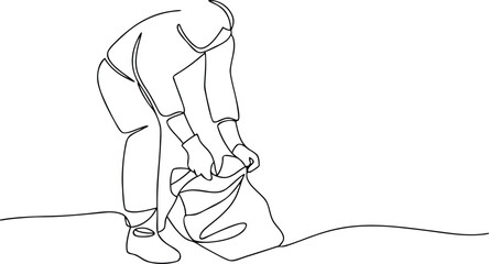 Minimalist line art of volunteer cleaning street and picking up litter in big trash bag now. © kajallata