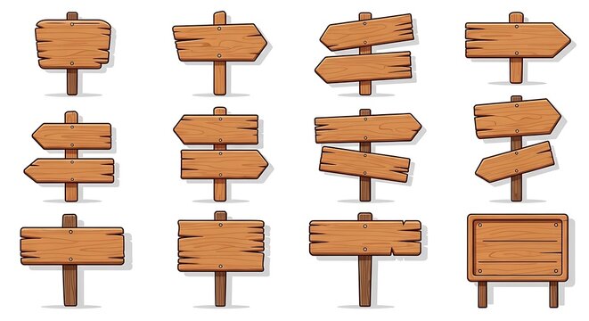 A collection of twelve various rustic wooden sign posts with different shapes and orientations