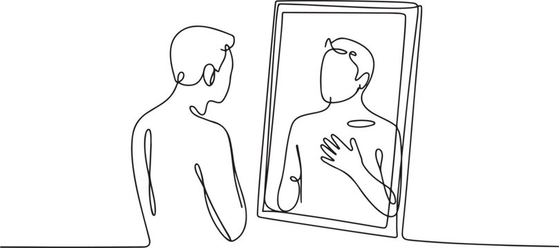Minimalist one line drawing of man looking at himself in mirror. Reflection shows man with hand on chest.one line Art icon drawing vector