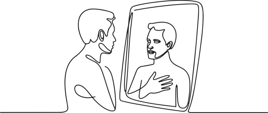 Minimalist one line drawing of man looking at himself in mirror. Reflection shows man with hand on chest.one line Art icon drawing vector