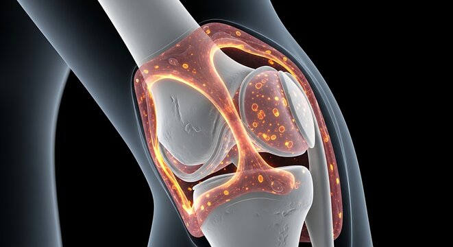 Illustration showing inflamed synovial fluid in a human knee joint