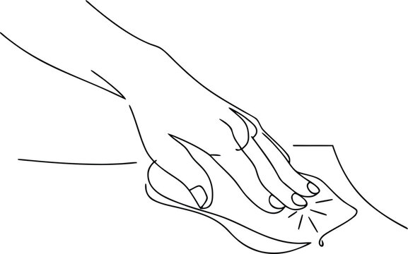 Hand cleaning surface with cloth in a continuous line art style.