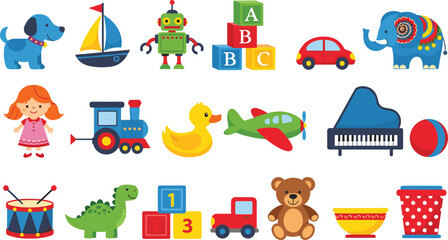 Fototapeta premium Fun Kids’ Toy Collection with Animals, Blocks, Cars, Dolls, and Musical Instruments for Playtime and Learning Illustrations