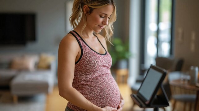 Pregnant woman standing beside blank tablet on stand following gentle stretching routine profile